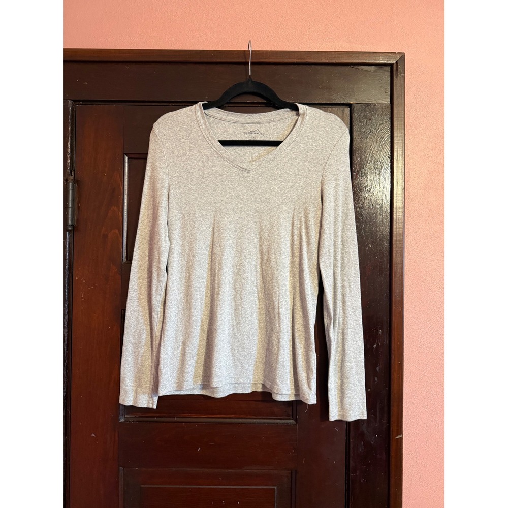 Eddie Bauer Womens Gray Heather Long Sleeve V-Neck Cotton Blend Tee Shirt Size M